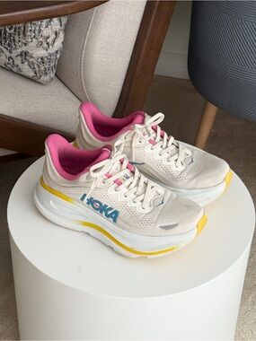 Hoka Bondi9 Women's Cream Pink Yellow Athletic Running Sneakers